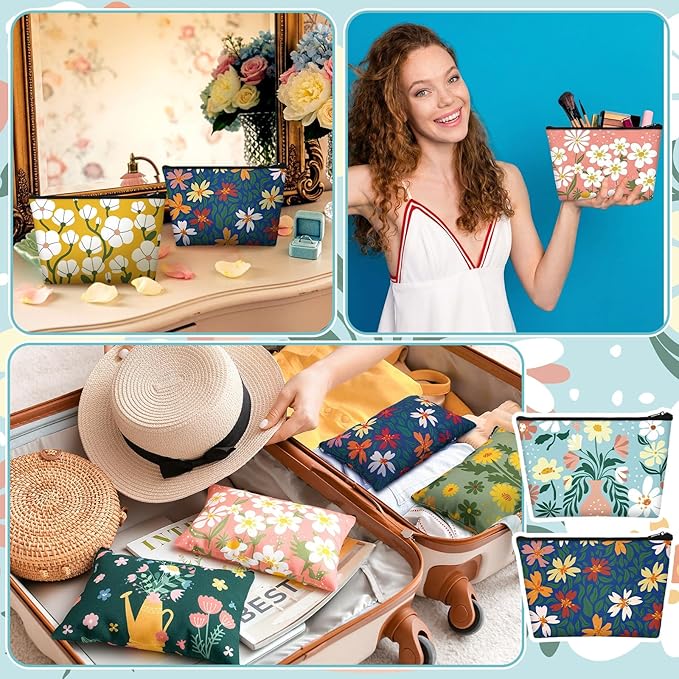 Sweetude 12 Pcs Colorful Flower Makeup Bags Bulk Portable Travel Cosmetic Bags with Zipper Watercolor Floral Waterproof Roomy Travel Toiletry Organizer Storage Pouch for Women Gifts