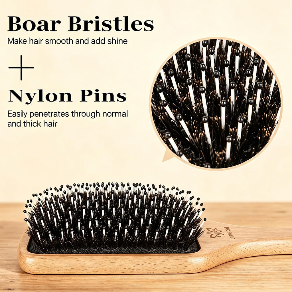 Boar Bristle Hair Brush and Comb Set for Women Men Kids, Best Natural Wooden Paddle Hairbrush and Small Travel Styling Brush for Wet or Dry Hair Detangling Smoothing Massaging