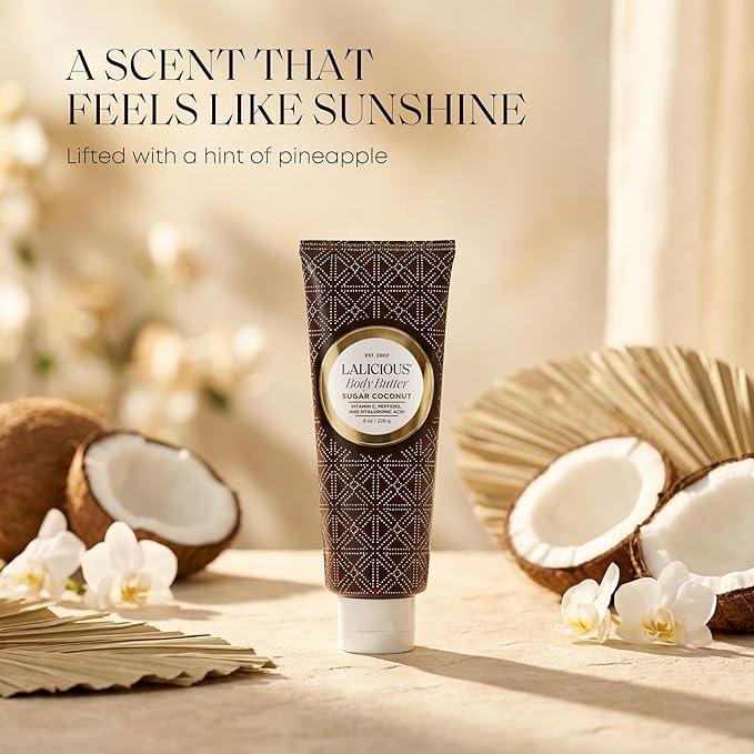 LALICIOUS Sugar Coconut Whipped Body Butter 8oz | Ultra-Hydrating Shea Butter Body Cream with Hyaluronic Acid, Vitamin C & Peptides | Deep Moisturizing Lotion for Dry |SkinFirming & Skin-Softening