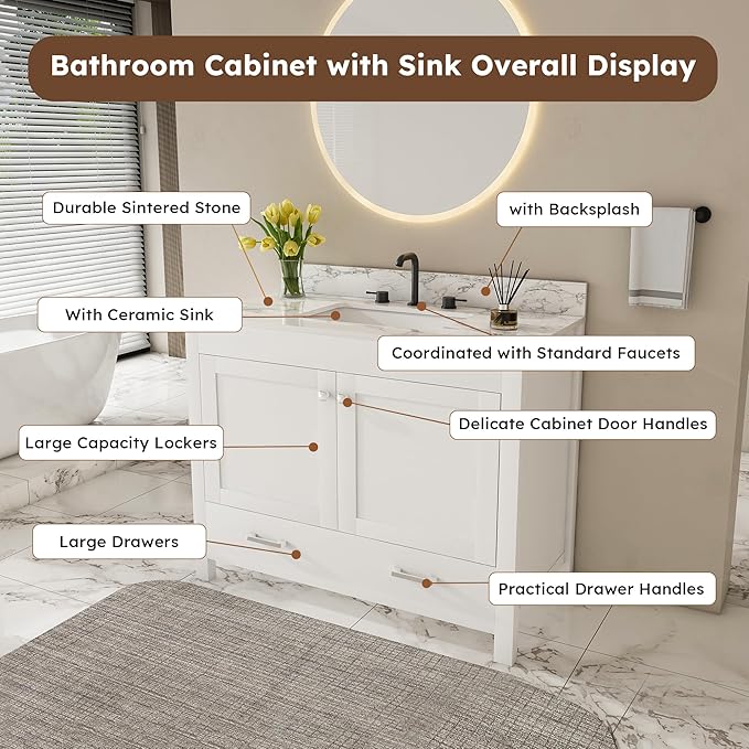 Montary 42" Bathroom Vanity with 43" Sintered Stone Carrara White Top, Modern Stylish MDF Bathroom Storage Cabinet, Vanity Set with 2 Doors and One Large Divided Drawer, White (Three Holes)