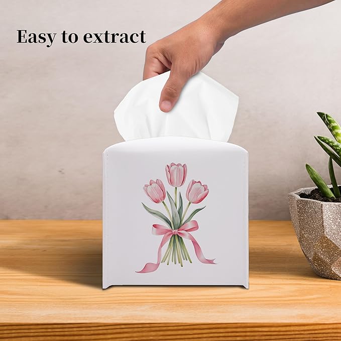 Grace Yonks Cute Tissue Box Cover Square - Pink Tulip Bouquet & Ribbon Design 5.2" PU Leather Holder for Vanity, Desk, or Bathroom Counter - Cube Case for Facial Tissues(010)