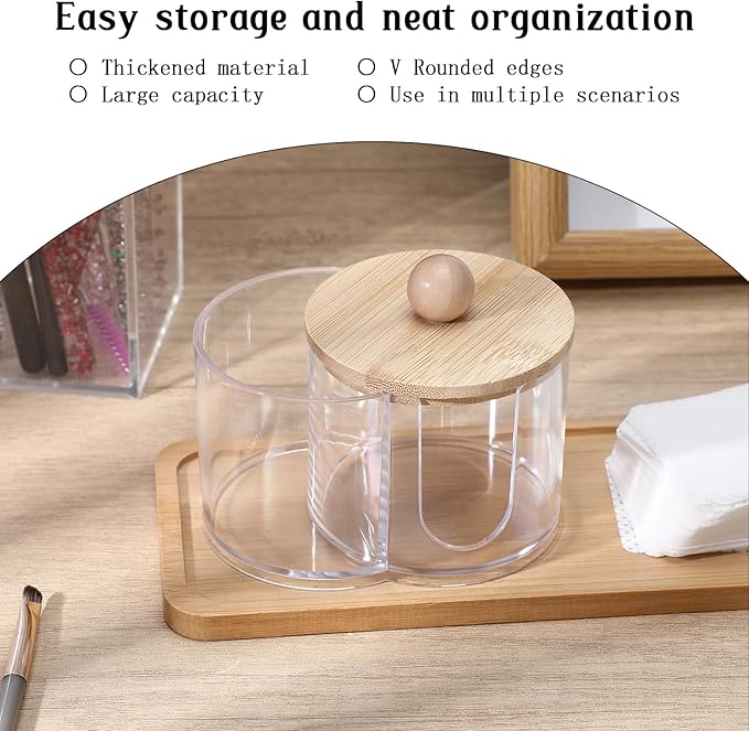 Quilax Cotton Round Holder, Dual Compartment Qtips Dispenser with Removable Dustproof Lid, Clear Plastic Cotton Pad Holder, Countertop Cottons Ball Holders Storage Container