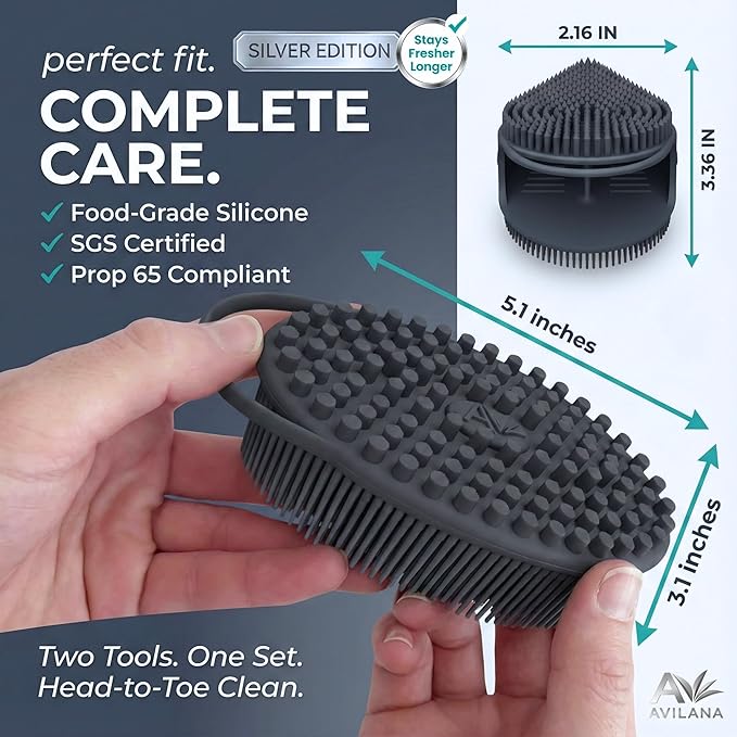 Avilana Silicone Body Scrubber for Shower – SGS Certified Food Grade Dual Sided Bath Brush, Gentle Exfoliating Silicone Loofah Alternative, Sensitive Skin Body Brush (Dark Gray-Silver, Body & Face)