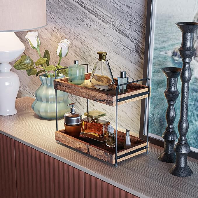 SANRETAHO 2-Tier Wood Bathroom Counter Organizer, Kitchen Spice Rack