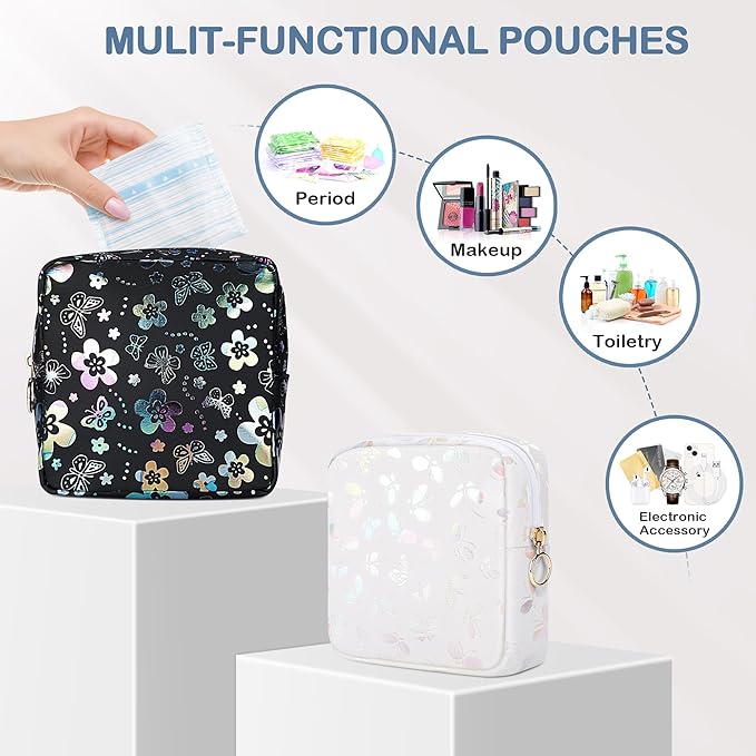 Likesing Period Bag Pouch, Leather Sanitary Napkin Storage Bag for Girls Womens, Portable Sanitary Napkin Period Pad Pouch Bag for Purse, Small Make Up Bags(Flower Butterflies)