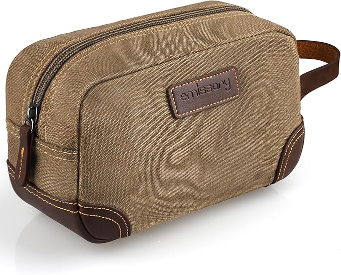 emissary Men's Canvas Travel Toiletry Bag, Leather Dopp Kit - Brown
