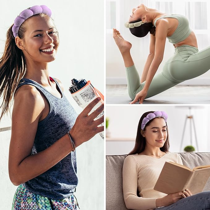 Ztomine Spa Headbands, Set of 2, Terry Cloth Headband for Washing Face or Facial, Puffy Makeup Headbands for Face Washing, Mask, Beige + Purple (1 Beige & 1 Purple Combo Pack)