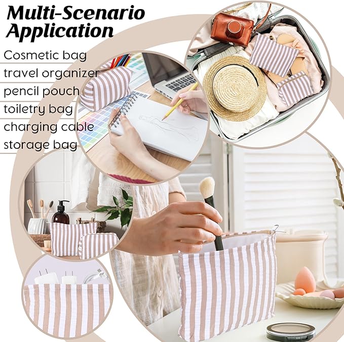 2 Pcs Makeup Bag Set Cute Cosmetic Pouch for Women Seersucker Travel Toiletry Bag Preppy Small Makeup Purse Pouch Aesthetic Skincare Brushes Storage Organizer for Valentine Women(Khaki Wide)