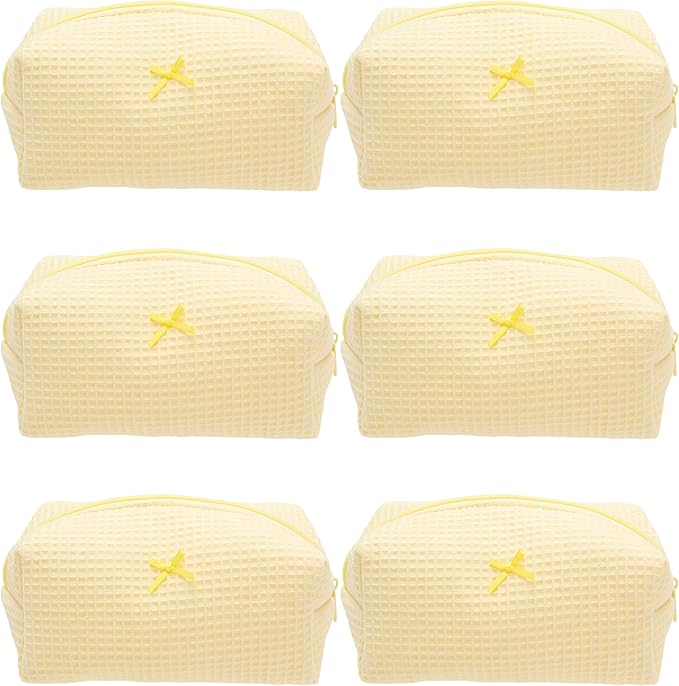 Cozy Makeup Bag for Women,Zipper Cosmetic Pouch,Waffle Yellow,6 Pack