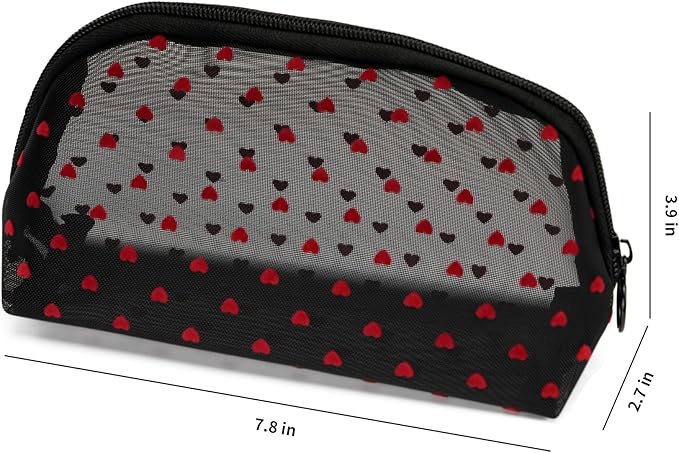 TOPASION Portable Mesh Makeup Bag with Zipper Small Travel Toiletry Bag Lightweight Cosmetic Pouch (Black&Red Heart Half Round)
