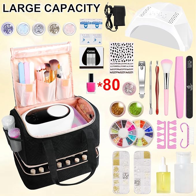 Veirdro Nail Polish Organizer Bag Holds 80 Bottles (15ml/0.5fl.oz)& Nail Lamp, Soft Nylon Nail Kit Storage Carrying Case with Shoulder Strap, Double Layer Nail Supplies Organizer Handbag Women Black