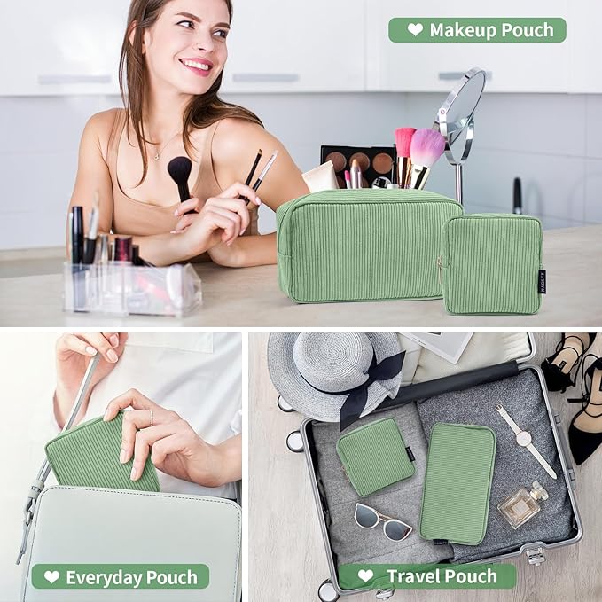 MAGEFY Makeup Bag for Purse, 2 Pcs Corduroy Cosmetic Bag for Girls Women Small Travel Makeup Pouch with Zipper(Green)
