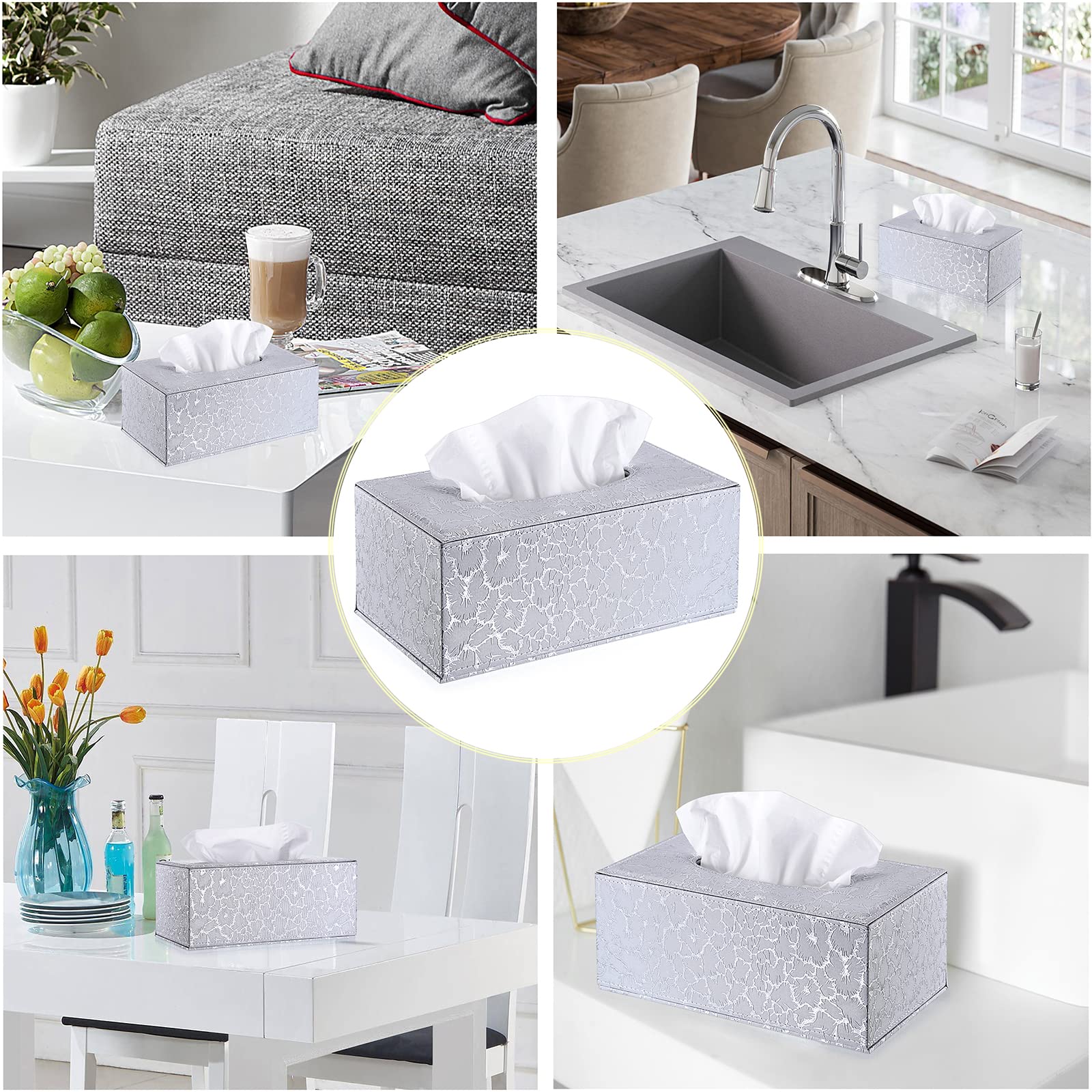 Sumnacon Rectangle Tissue Box Cover with Magnetic Bottom,Whaterproof,Silver