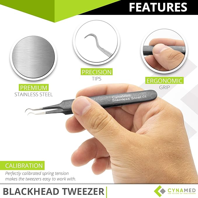 Blackhead Tweezer - Professional Curved Steel Tip Surgical Comedone & Splinter Extractor. Ideal Blemish & Acne Remover Tool Means Flawless Facial Skin (Black)