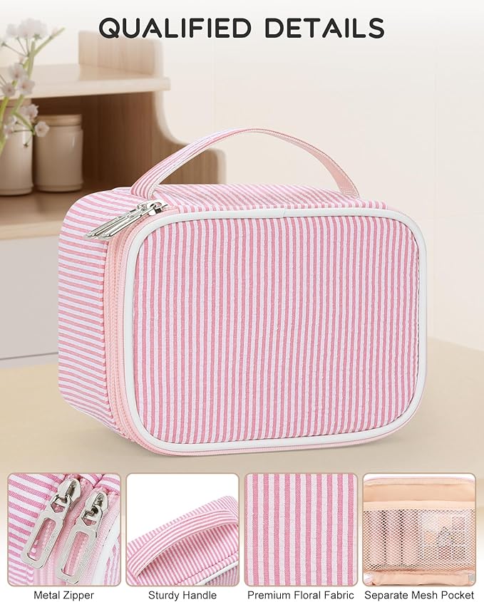 Relavel Travel Makeup Bag, Small Pink Cosmetic Bag with 2 Makeup Brush Holders, Portable Compact Makeup Pouch for Women, Cute Toiletry Bag with Double Layer Organizer, Pink Strip