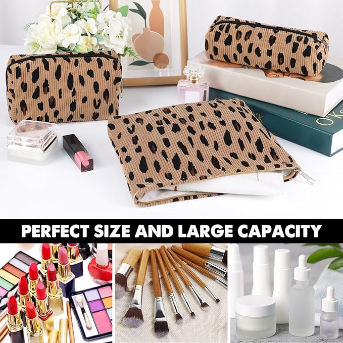 Gocvo 3 Pcs Makeup Bag Cosmetic Bag Set for Girls Women Travel Organizer Bathroom Toiletry Pouch Large Capacity Storage Bag (Leopard Brown)