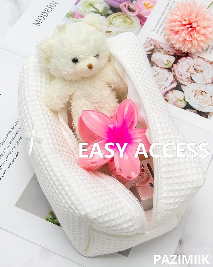 Cozy Makeup Bag for Women,Zipper Cosmetic Pouch,Waffle Cream White,2 Pack