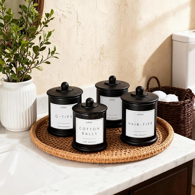 4 Pack Bathroom Organizers and Storage - 16 Oz Glass Qtip Holder & Cotton Pad Dispenser with Lid, Apothecary Jars for Home, Room Decor, Kitchen Organizer (Black)