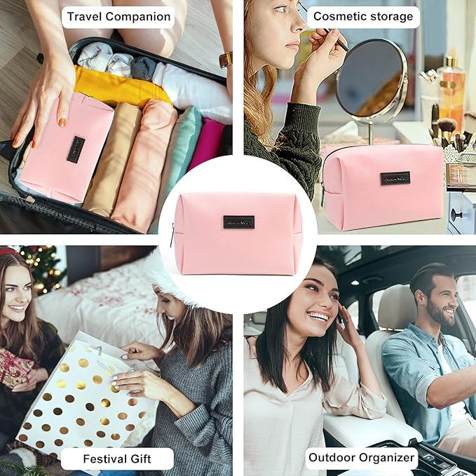 MAANGE Small Makeup Bag For Purse, Travel Cosmetic Bag Makeup Pouch PU Leather Portable Versatile Zipper Pouch For Women (Pink)
