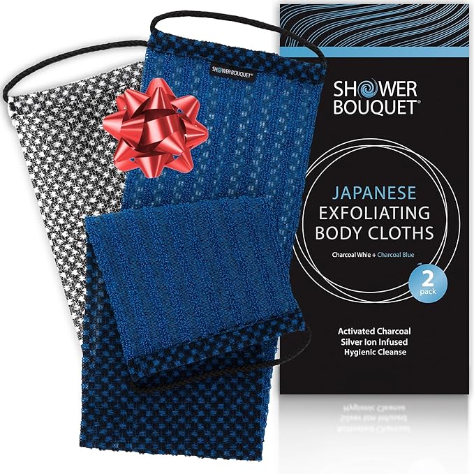 SHOWER BOUQUET Japanese-Exfoliating-Washcloth 2-Pack Charcoal & Silver Ion