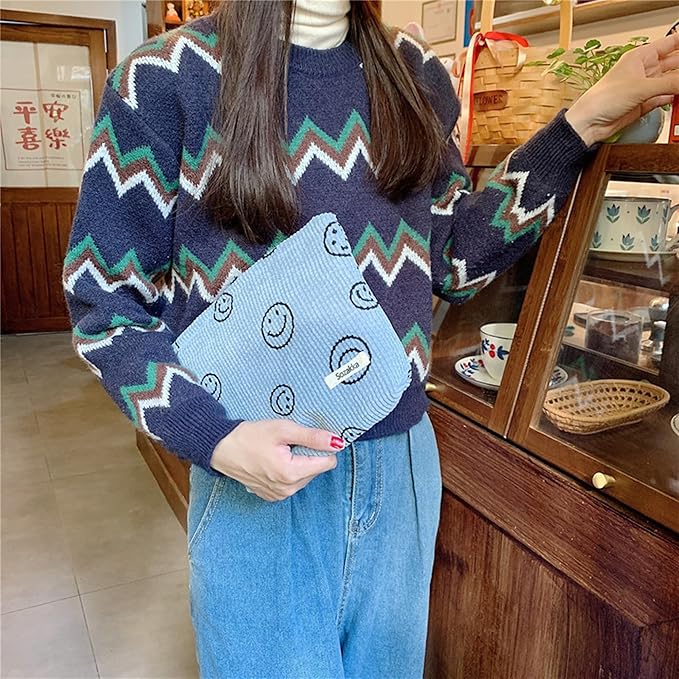 Gardsell Cosmetic Bags for Women - Corduroy Cosmetic Bag Aesthetic Women Handbags Purses Smile Dots Makeup Organizer Storage Makeup Bag Girls Case Bags (A-Blue)