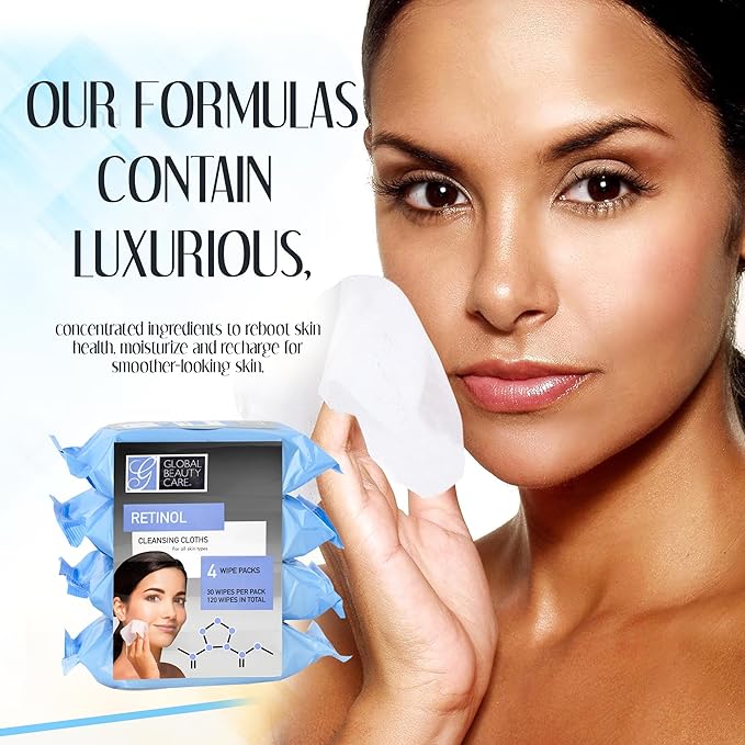 Global Beauty Care Retinol Makeup Remover Wipes with Collagen Renewing Support - Facial Cleansing Cloths, Remove Waterproof Mascara, Oil & Dirt, Texture Smoothing, All Skin Types, 120 Count (4-Pack)