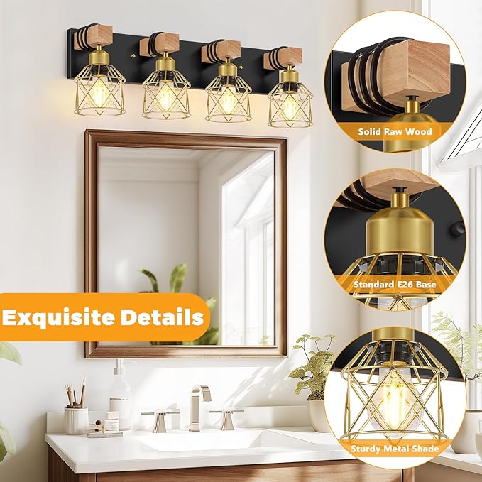 FadimiKoo Farmhouse Bathroom Vanity Light Fixtures, 4-Light Wood Bathroom Lighting Over Mirror, Rustic Black Gold Sconces Wall Lighting with Metal Lampshade for Living Room, Bedroom, Hallway