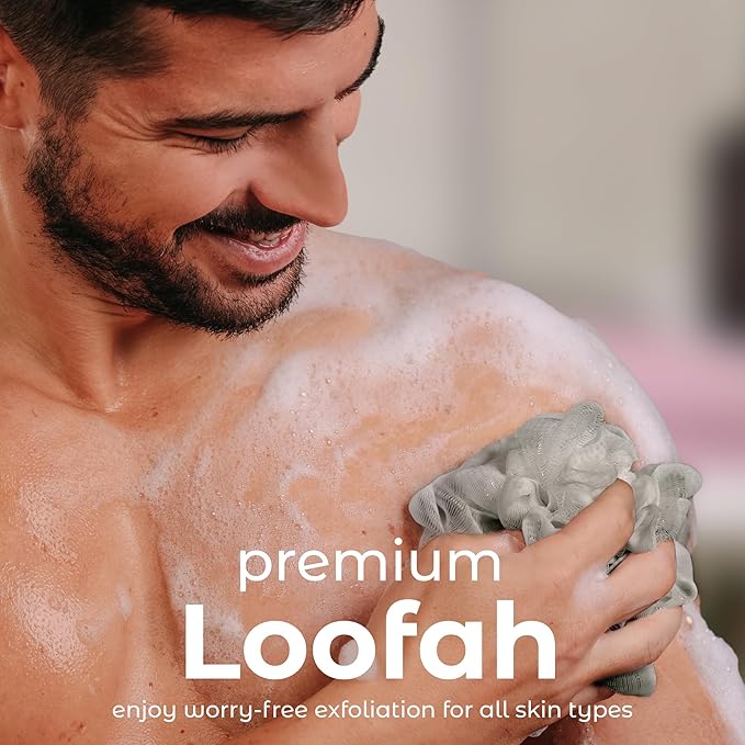 MainBasics Shower Loofah Sponge Pouf, Set of 3, Totally Taupe