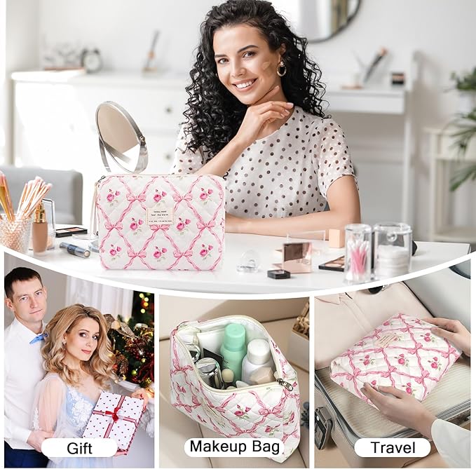 Gosect 2PC Makeup Bag Set, Cute Cosmetic Bag for Women Girls, Floral Coquette Aesthetic Toiletry Bag, Travel Make Up Organizer Bag (Pink bow)