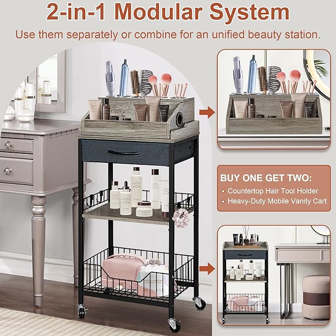NauwaBarn Makeup Organizer Cart Large, 2-in-1 Beauty Organizer with Wheels & Hair Tool Holder, Makeup Stand with Drawer, Vanity Storage Cosmetics Display Cases for Skin Care Nail Polish Perfume-Black
