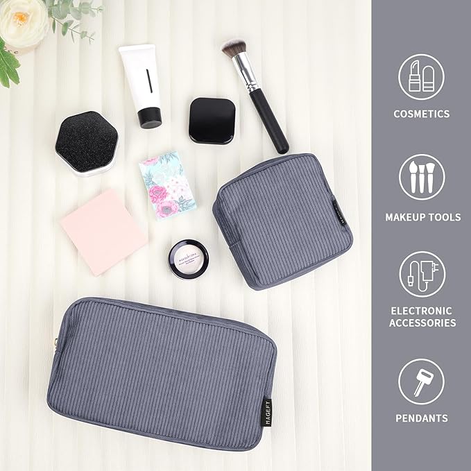 MAGEFY Makeup Bag 2 Pcs Corduroy Cosmetic Bag Mini Big Makeup Bags for Women Travel Pouch with Slip-in Pockets(DeepGrey)