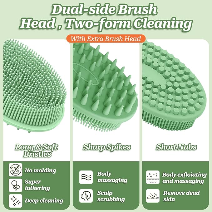 Silicone Back Washer for Shower, Gentle Exfoliating Body & Back Scrubber with Handle, Silicone Loofah with Two Dual-Side & Replaceable Brush Heads(Green-Two Heads)