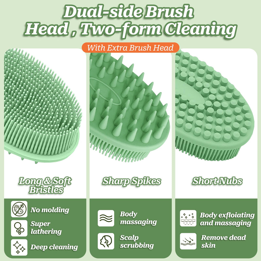 GEENOA Silicone Back Washer for Shower, Gentle Exfoliating Body & Back Scrubber with Handle, Silicone Loofah with Two Dual-Side & Replaceable Brush Heads(Green-Two Heads)