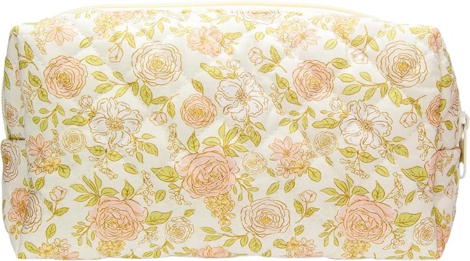 PAZIMIIK Small Quilted Makeup Bag,Zipper Cosmetic Pouch,Rose Beige