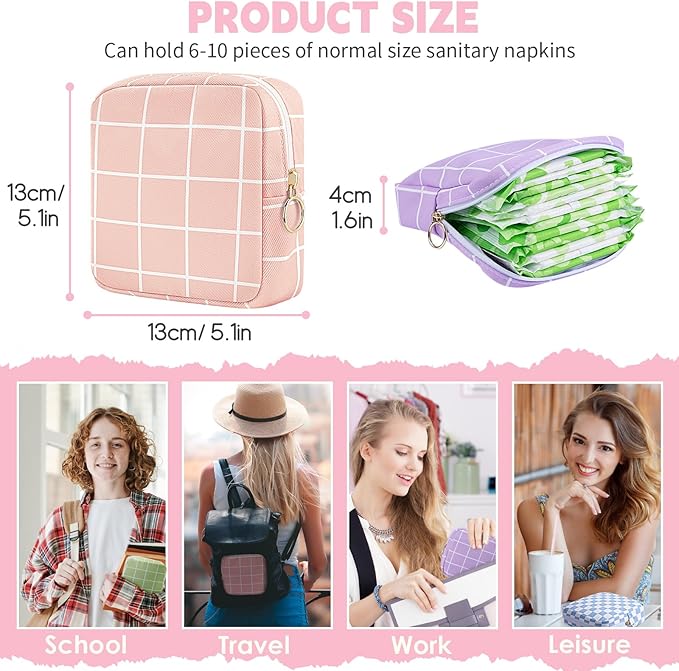 Desing Wish Period Bag Pouch Soft Cloth Sanitary Napkin Storage Bag Portable Menstrual Pad Pouches Tampon Holder for Purse First Period Kit for Girls 9-12 (Purple-White Check)