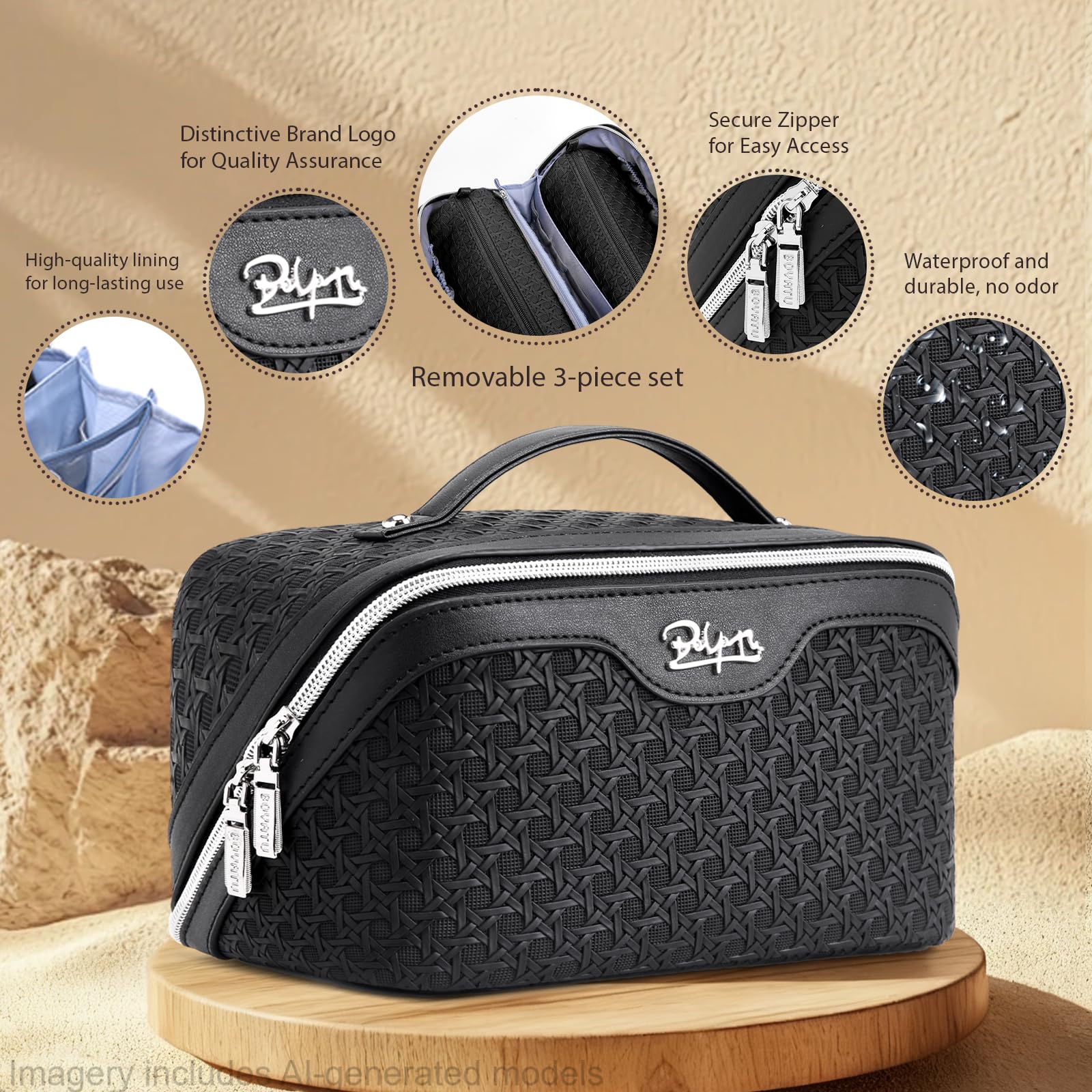 BOYATU Travel Makeup Bag Cosmetic Bags for Women: Large Capacity 3 Pcs Set Make up Bag with Compartments - Waterproof Vegan Leather Toiletry Organizer Bags with Handle (M-71Black)