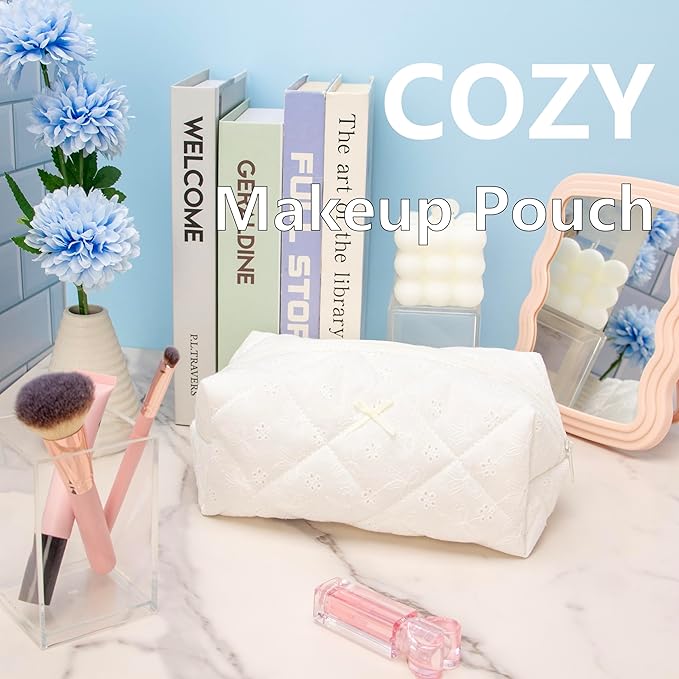 PAZIMIIK Cozy Makeup Bag for Women,Zipper Cosmetic Pouch,Embroidery White