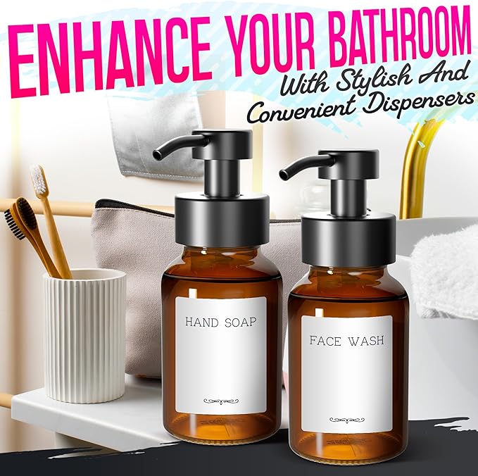 2 Pcs Amber Glass Foaming Soap Dispenser - 8.5 Oz Refillable Glass Foaming Hand Soap Dispenser, Non-Slip Bottom, 6 Moisture-Resistant Labels - Elegant Pump Bottles for Bathroom & Kitchen Counter Decor