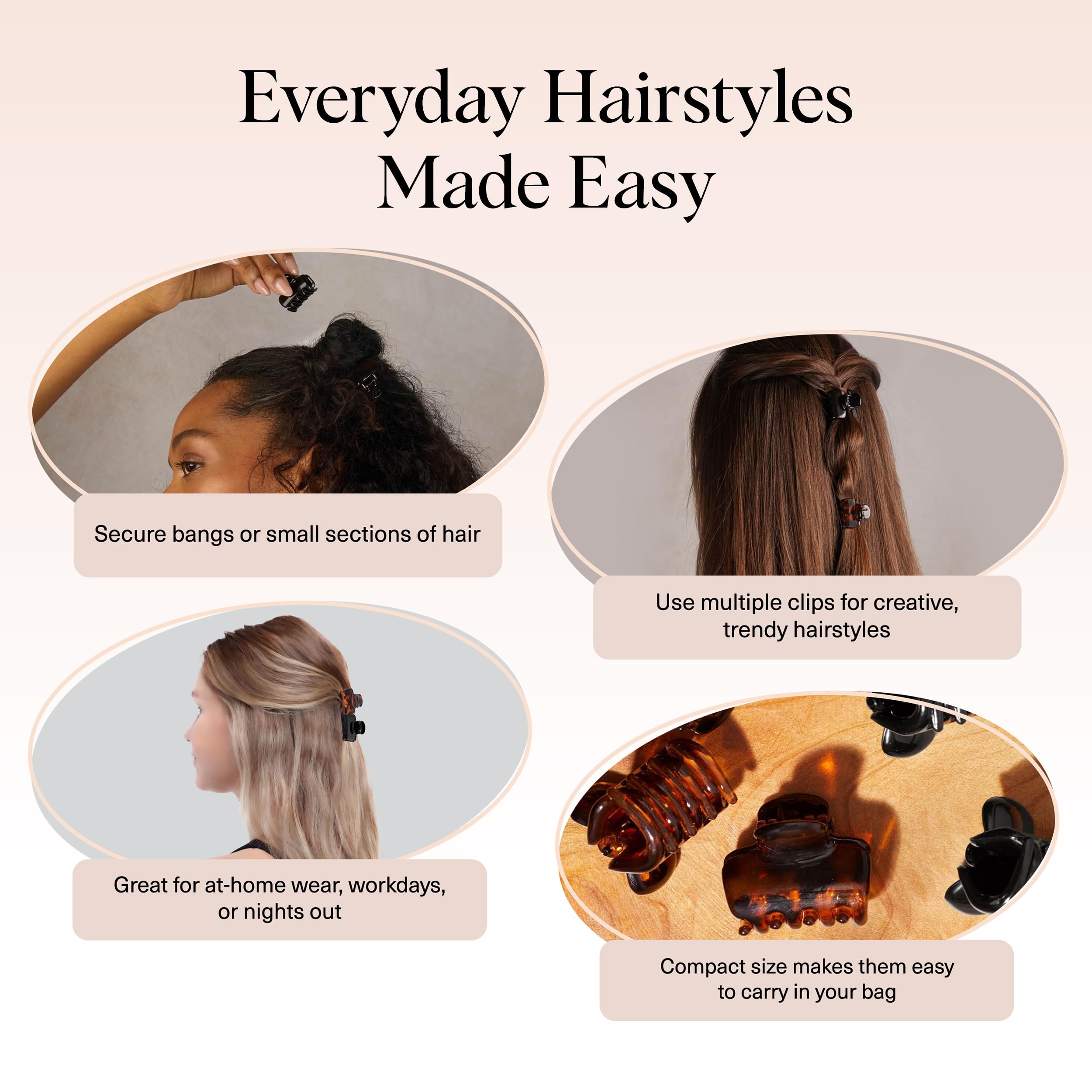 Kitsch Small Hair Clips for Women - Stays In Place Without Pulling or Snagging | Durable Plastic, Sturdy Small Claw Clips - Black & Tortoise, 6 Pcs