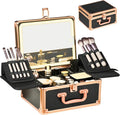 GALHUBIS Makeup Case with Lighted Mirror, Makeup Box Organizer with Detachable LED Mirror, Travel Makeup Train Case, Waterproof Cosmetic Organizer, Standing Makeup Brush Holder, Gift, Black Gold
