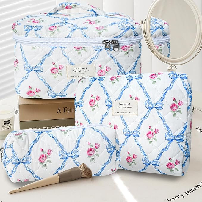 GISMTR 3Pcs Cotton Quilted Makeup Bag Large Travel Cosmetic Bag Coquette Makeup Pouch Cute Aesthetic Floral Toiletry Bag for Women Girls (flower-Q)
