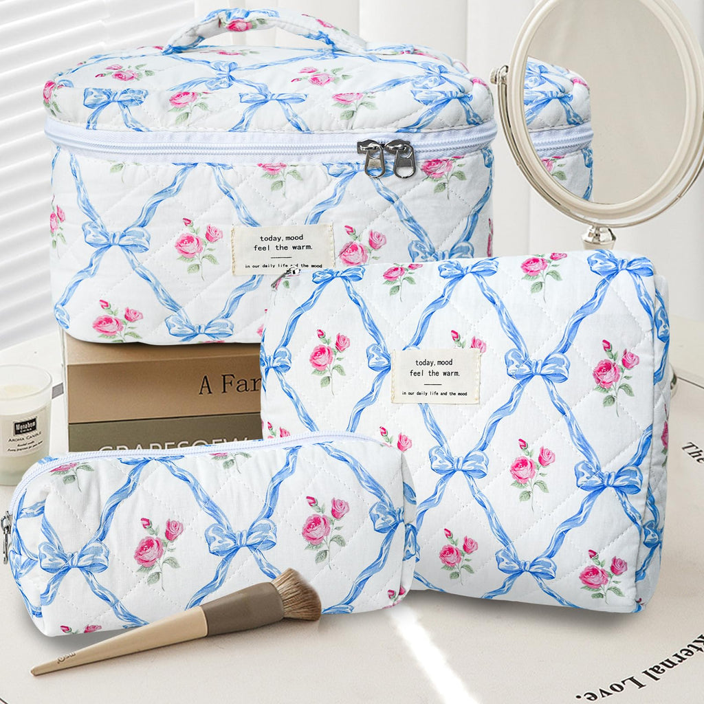 GISMTR 3Pcs Cotton Quilted Makeup Bag Large Travel Cosmetic Bag Coquette Makeup Pouch Cute Aesthetic Floral Toiletry Bag for Women Girls (flower-Q)
