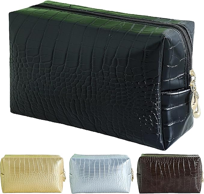 YUDEYG Makeup Bag for Purse, Compact Toiletry Pouch, Crocodile-Embossed Cosmetic Travel Bag, Small Makeup Pouch, Unisex Toiletry Travel Bag