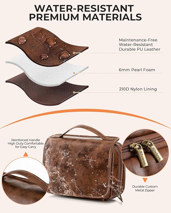 Elviros Hanging Travel Toiletry Bag Gift for Men，Mens Toiletries Bag Gifts Set Shaving Dopp Kit Water-resistant Bathroom Toiletries Organizer PU Leather Cosmetic Bags 2 Pack