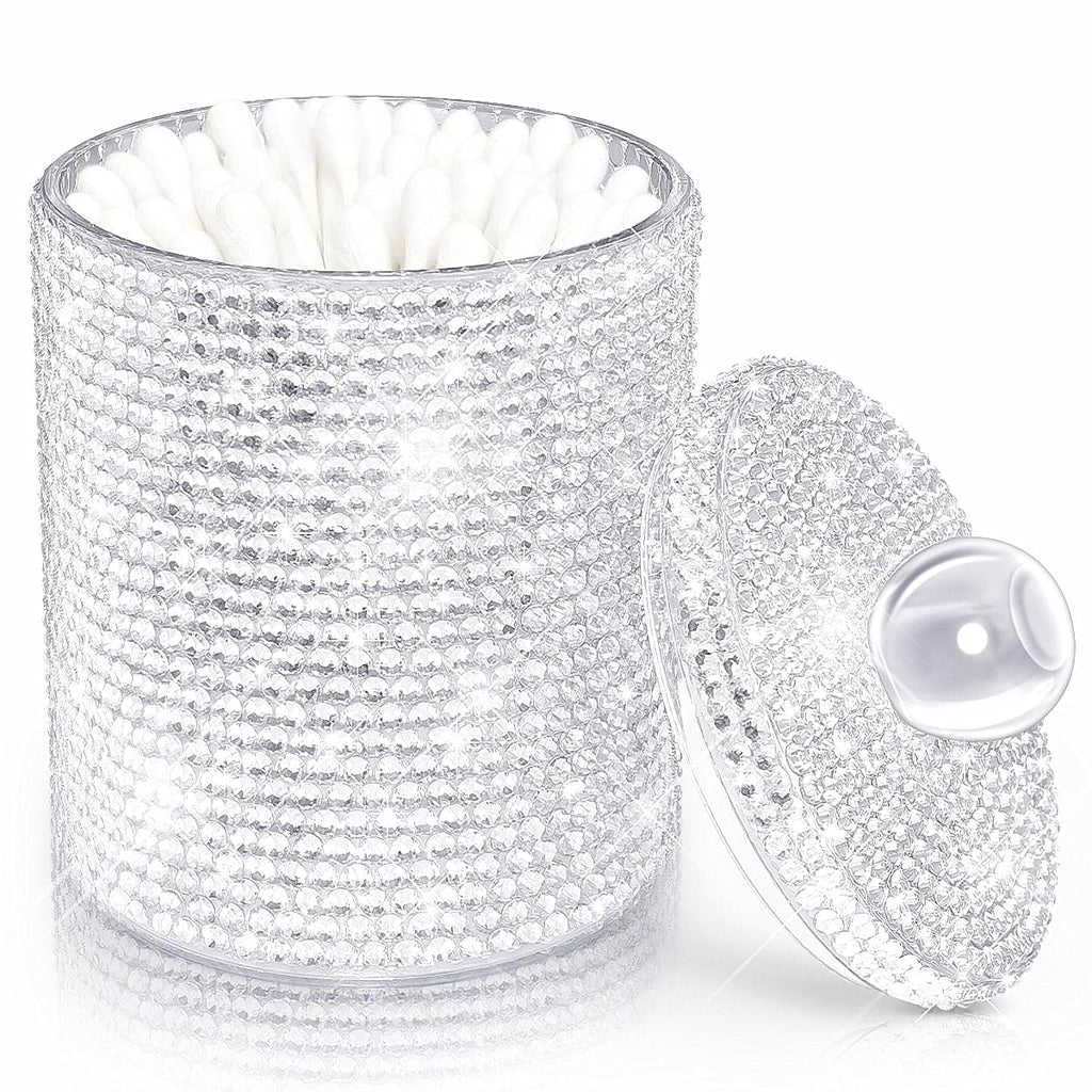 Yivaiks Bling Qtip Dispenser for Cotton Swabs, Balls, Pads, Floss Picks- Small Plastic Canister Apothecary Jar,Bathroom Essentials Accessories Decor, Vanity Makeup Qtip Holder Storage Organizer (1)