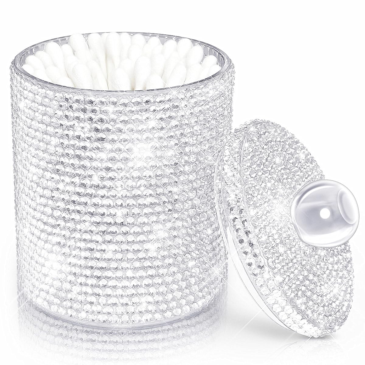 Yivaiks Bling Qtip Dispenser for Cotton Swabs, Balls, Pads, Floss Picks- Small Plastic Canister Apothecary Jar,Bathroom Essentials Accessories Decor, Vanity Makeup Qtip Holder Storage Organizer (1)