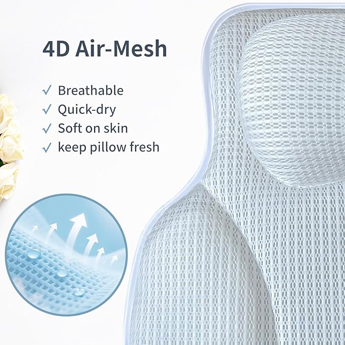 Wnfou Thickened Anti-Slip Bath Pillow for Tub, 88 Powerful Suction Cups, 5D Mesh Fabric, Ergonomic Head Neck Back Support, Quick Drying and Machine Washable, Luxury Spa Gift for Women