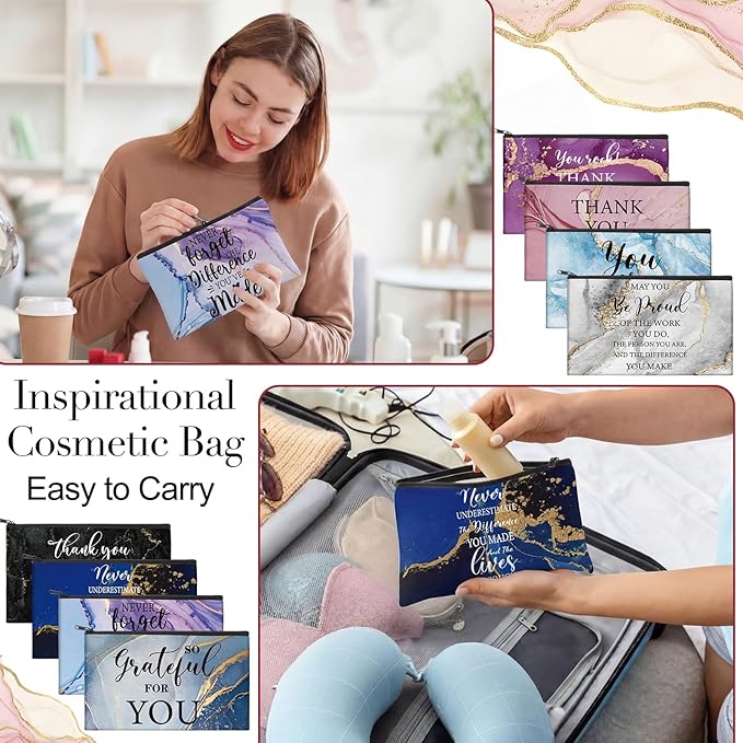 Yahenda 16 Pcs Graduation Canvas Makeup Bags Bulk for Women Appreciation Inspirational Gifts Cosmetic Zipper Pencil Pouch Travel Toiletry Bag for Teacher Birthday Mother's Day(Marble)