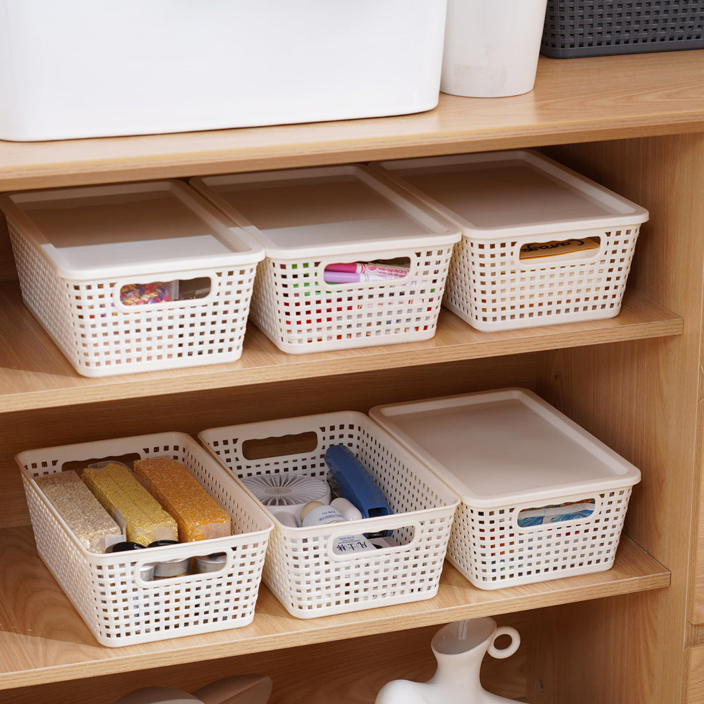 Anywish Plastic Storage Baskets With Lid, Storage Bins for Organizing, Stackable Decorative Containers for Shelves Drawers Desktop Closet Playroom Classroom Office, 8 Pack-White