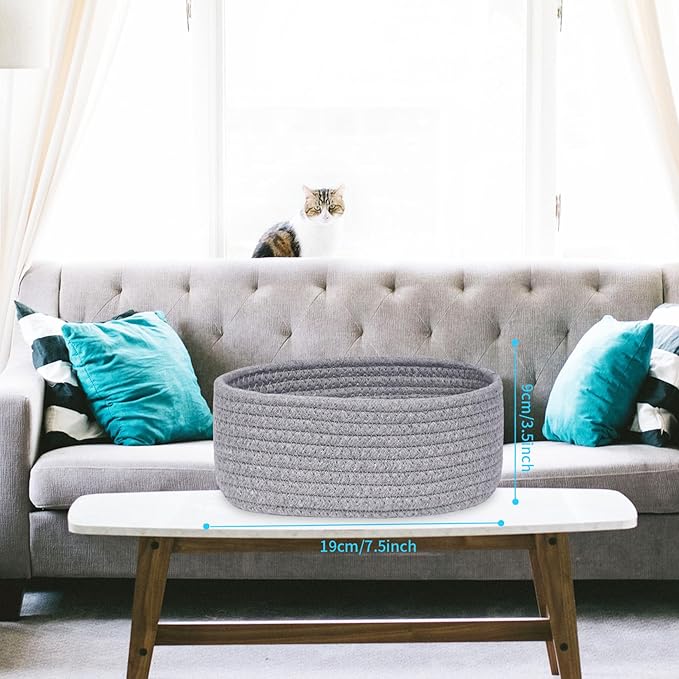 【2 Pack】ABenkle Small Woven Baskets, Tiny Oval Shallow Storage Baskets, Mini Cotton Rope Empty Decorative Basket, Boho Little Organizer Bins for Bathroom, Cat Dog Toy Gifts Baskets